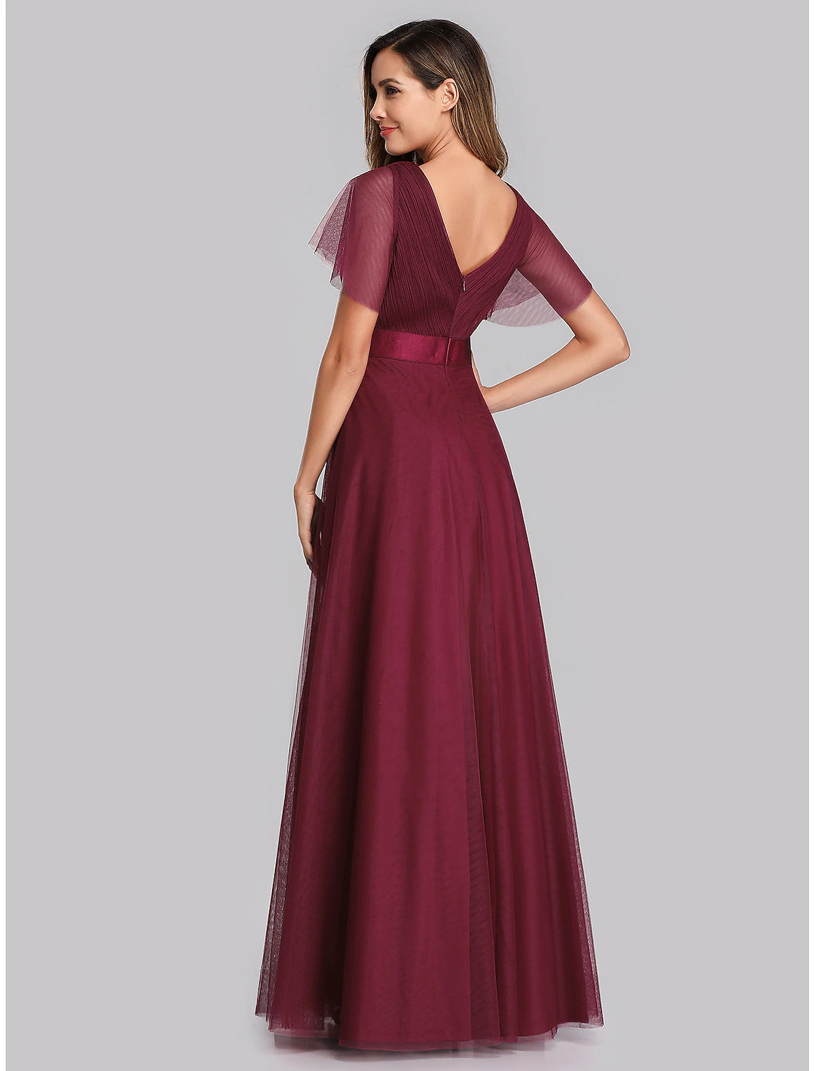 Vestido de noche corte A, estilo imperio, para invitada de boda, graduación, largo hasta el suelo, manga corta, escote en V, vestido de dama de honor de gasa, espalda en V con pliegues fruncidos